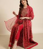 women's round neck ethnic motifs foil print red anarkali kurta and trouser with dupatta