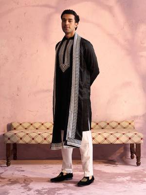  black and cream moonga silk kurta, pyjama & dupatta set 2