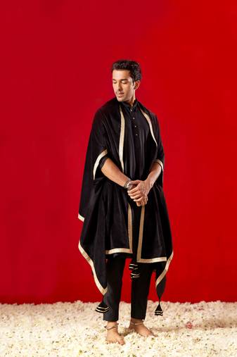 Men'S Black Viscose Kurta, Pyjama & Dupatta Set