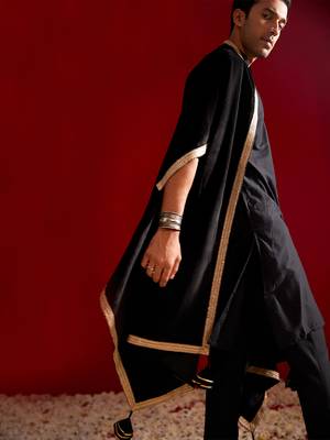 Men'S Black Viscose Kurta, Pyjama & Dupatta Set 2