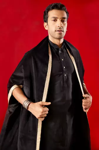 Men'S Black Viscose Kurta, Pyjama & Dupatta Set