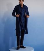 Vastramay men's navy blue net kurta, pyjama & dupatta set