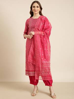 women's round neck geometric foil print pink straight kurta and patiala with dupatta 2