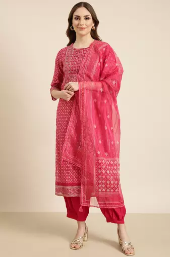 women's round neck geometric foil print pink straight kurta and patiala with dupatta