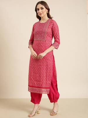 women's round neck geometric foil print pink straight kurta and patiala with dupatta 3