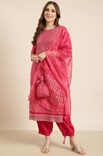 women's round neck geometric foil print pink straight kurta and patiala with dupatta