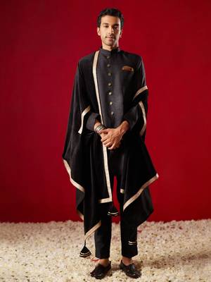 Men'S Black Silk Blend Kurta, Pyjama & Dupatta Set 1