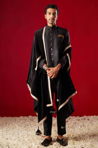 Men'S Black Silk Blend Kurta, Pyjama & Dupatta Set