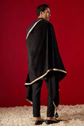 Men'S Black Silk Blend Kurta, Pyjama & Dupatta Set