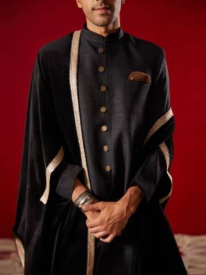 Men'S Black Silk Blend Kurta, Pyjama & Dupatta Set 3