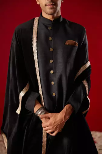 Men'S Black Silk Blend Kurta, Pyjama & Dupatta Set