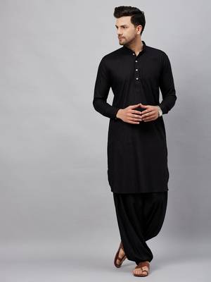 Vastramay men's black cotton linen blend pathani kurta set 1