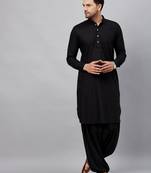 Vastramay men's black cotton linen blend pathani kurta set