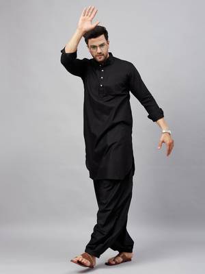 Vastramay men's black cotton linen blend pathani kurta set 2