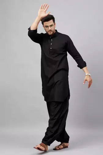 Vastramay men's black cotton linen blend pathani kurta set