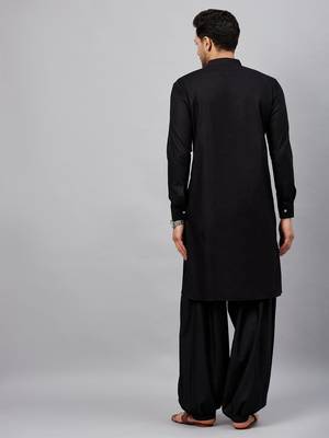 Vastramay men's black cotton linen blend pathani kurta set 3