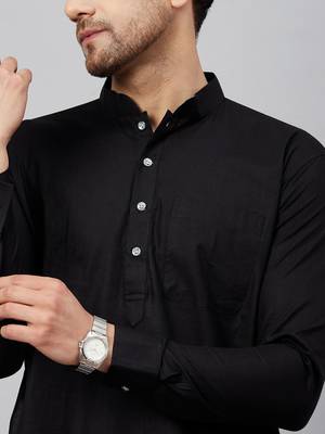 Vastramay men's black cotton linen blend pathani kurta set 4
