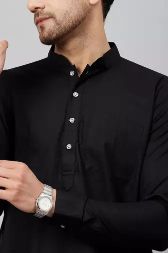 Vastramay men's black cotton linen blend pathani kurta set