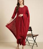 women's round neck floral maroon straight kurta and trouser with dupatta