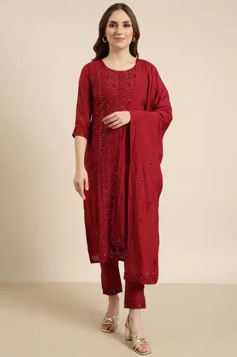 women's round neck floral maroon straight kurta and trouser with dupatta