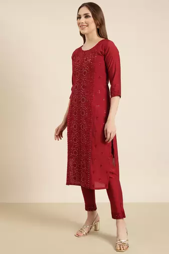 women's round neck floral maroon straight kurta and trouser with dupatta