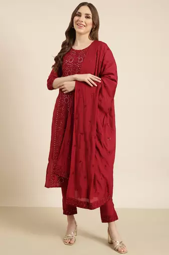 women's round neck floral maroon straight kurta and trouser with dupatta