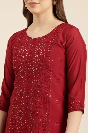 women's round neck floral maroon straight kurta and trouser with dupatta