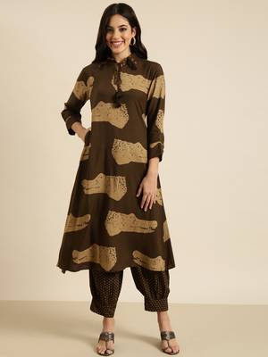 women's shirt collar animal olive straight kurta and patiala 2