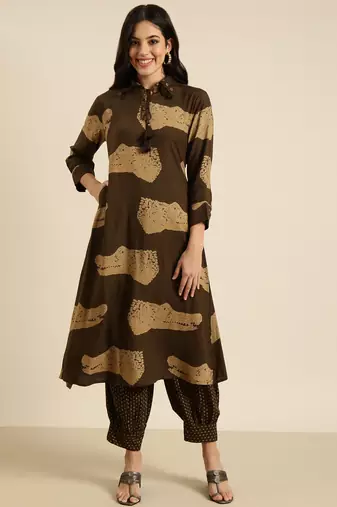 women's shirt collar animal olive straight kurta and patiala