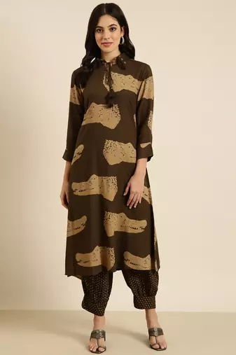 women's shirt collar animal olive straight kurta and patiala