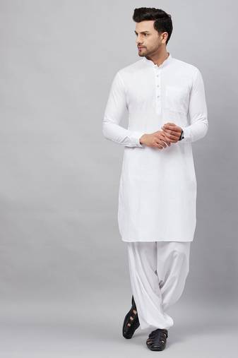 Vastramay men's white cotton linen blend pathani kurta set