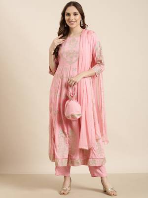 women's round neck floral foil print pink anarkali kurta and trouser with dupatta 1