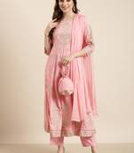 women's round neck floral foil print pink anarkali kurta and trouser with dupatta
