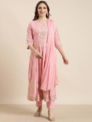 women's round neck floral foil print pink anarkali kurta and trouser with dupatta 2