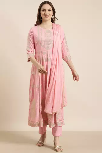 women's round neck floral foil print pink anarkali kurta and trouser with dupatta