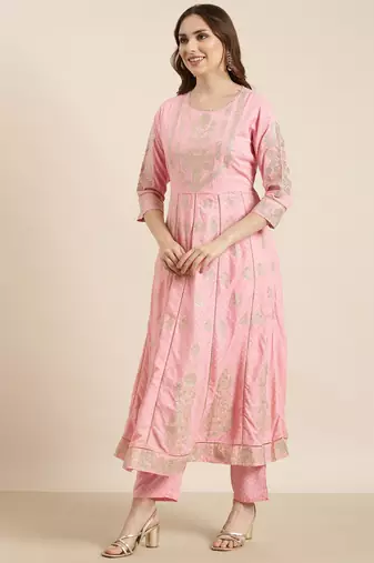 women's round neck floral foil print pink anarkali kurta and trouser with dupatta