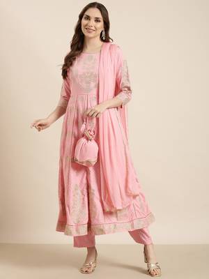 women's round neck floral foil print pink anarkali kurta and trouser with dupatta 4