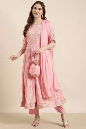 women's round neck floral foil print pink anarkali kurta and trouser with dupatta