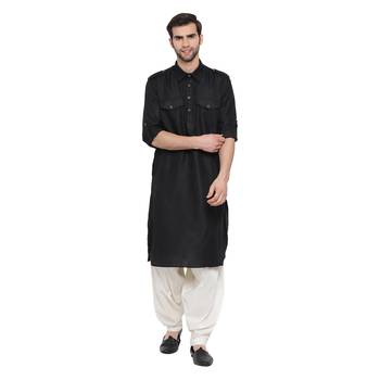  black cotton blend pathani kurta set 1