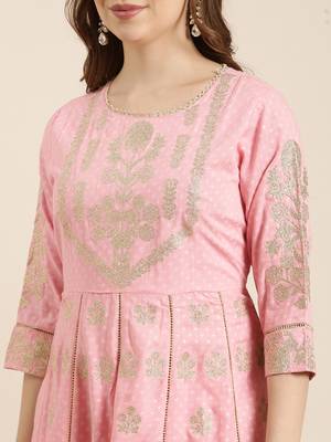 women's round neck floral foil print pink anarkali kurta and trouser with dupatta 5