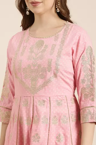 women's round neck floral foil print pink anarkali kurta and trouser with dupatta