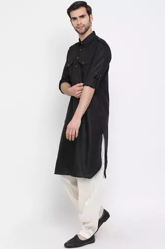  black cotton blend pathani kurta set