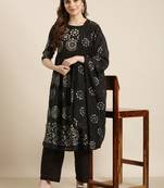 women's round neck ethnic motifs batik black a-line kurta and trouser with dupatta