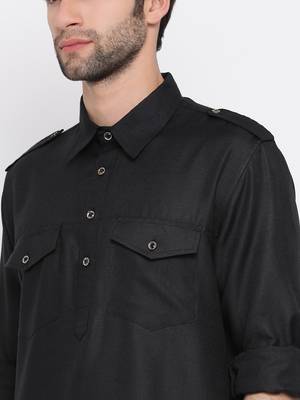  black cotton blend pathani kurta set 3