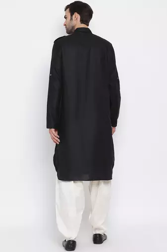  black cotton blend pathani kurta set