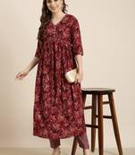 women's v-neck floral foil print maroon anarkali kurta and trouser