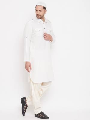  cream and white cotton blend pathani kurta set 2
