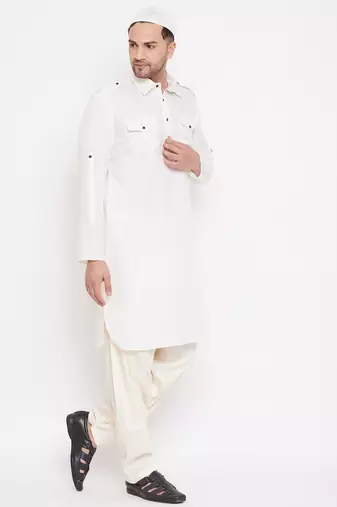  cream and white cotton blend pathani kurta set