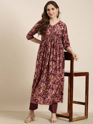 women's v-neck floral foil print purple anarkali kurta and trouser 1