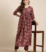 women's v-neck floral foil print purple anarkali kurta and trouser